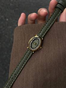 1件女款石英手錶，橢圓錶盤、水鑽錶圈、金色錶殼、綠色可調節PU錶帶，復古簡約設計，適合日常穿搭與禮品 - 綠色 - 查看 2