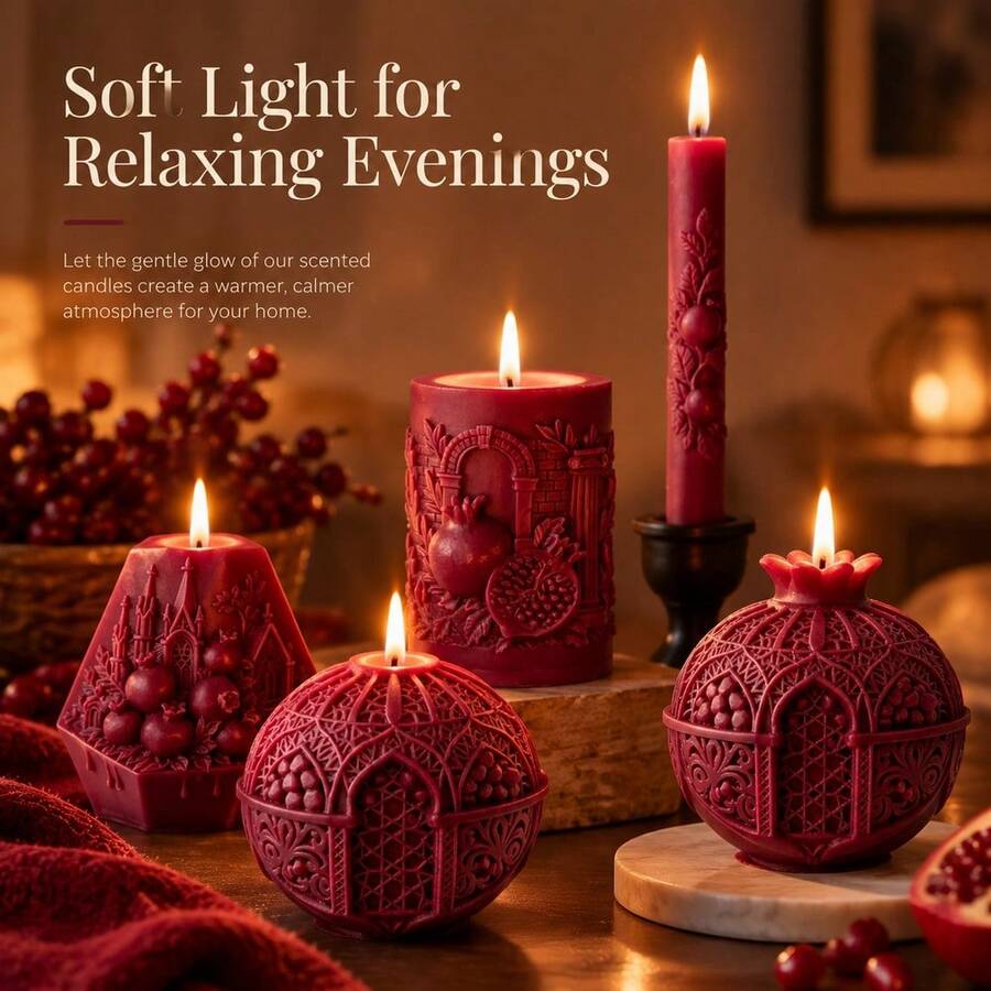 4pcs Burgundy Pomegranate Candles With Delicate 3D Embossed Craft, Unique Fruit Shape Design - Burgundy - View 1