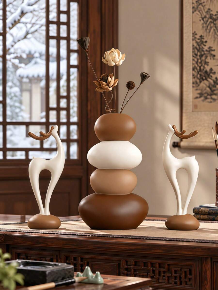 1pc Stacked Stone Vase, Modern Aesthetic Good Luck Desktop Sculpture, Multi-Functional Desktop Flower Container - One Size 1 - View 1