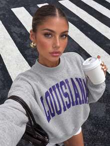 Autumn Streetwear Women Grey Tops For Everyday Outfits Graphic Long Sleeve Mock Neck Sweatshirt For Work Outfits For Back To School - Grey - View 2