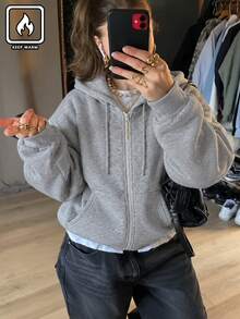 Women's New Autumn/Winter Loose Minimalist Solid Color Casual Fashion Versatile Zip-Up Hooded Sweatshirt Jacket - Light Grey - View 2