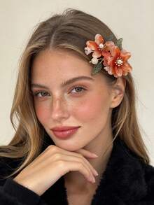 1pc Vintage Orange Glass Flower Pearl Edge Clip, 3D Green Leaf Design Hair Accessory, Women's Wedding Banquet Atmosphere Headpiece - Multicolor - View 5
