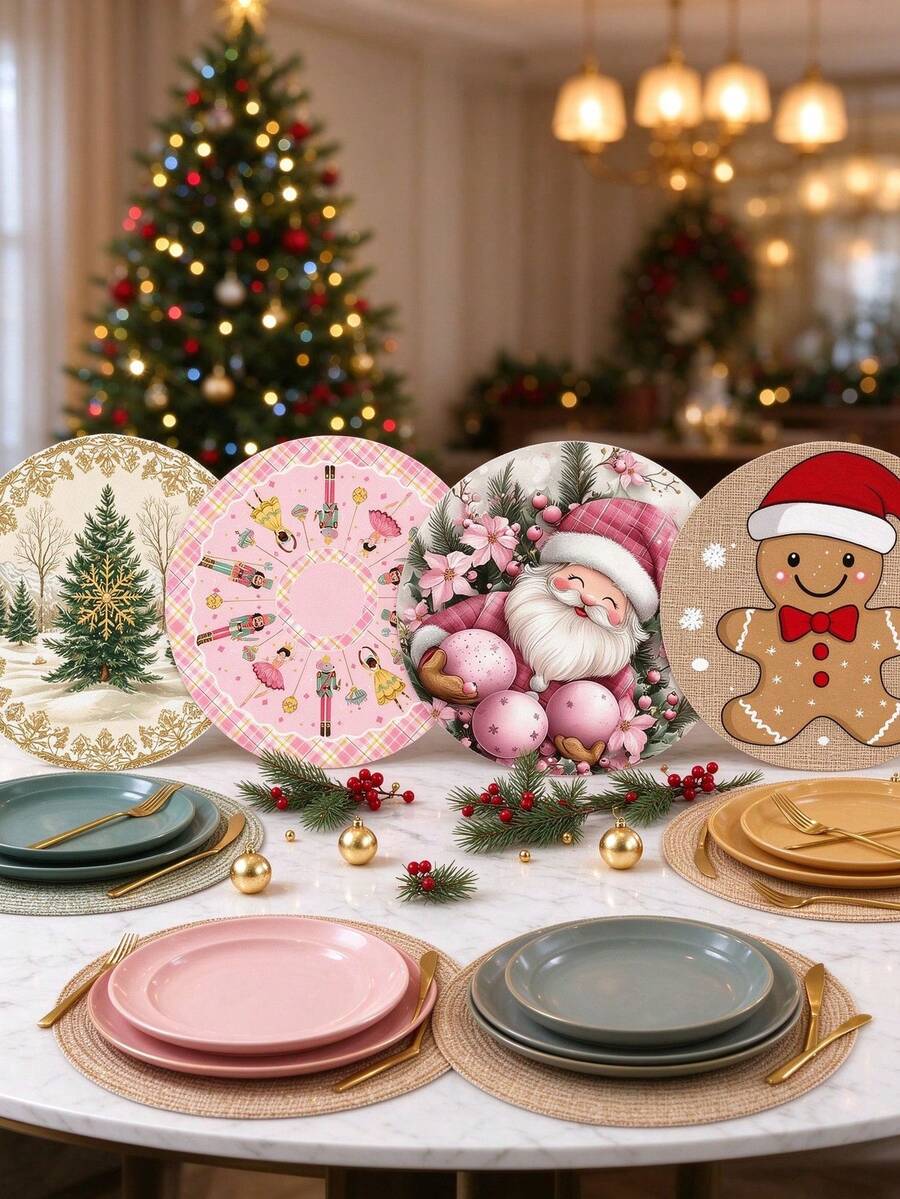 1/4pcs Pink Santa Claus Placemats, Pink Floral Pine Branch Christmas Decor, Round Table Mats, Non-Slip Washable, Suitable For Home Decor, Daily, Holiday, Kitchen, Banquet, Party And Christmas Table Setting - Desktop Ornaments - View 1