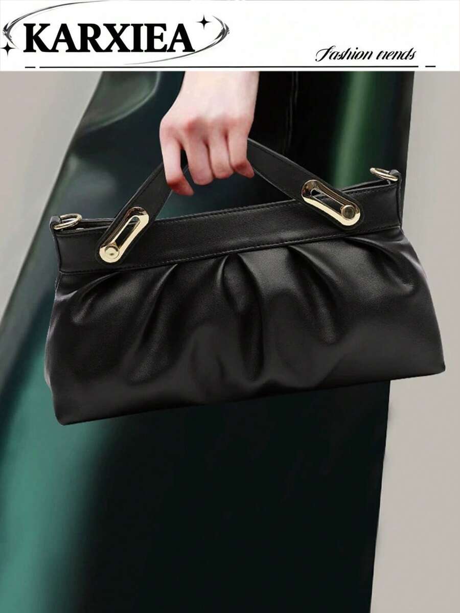 Black Ruched PU Handbag, Minimalist Elegant Design With Gold Hardware, Hand-Carry And Crossbody, Versatile Textured Women's Bag For Commute And Daily Wear, Cloud Bag - Black - View 1