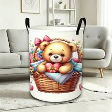 1pc Cute Teddy Bear Print Foldable Laundry Basket, Round Fabric Storage Bin With Handles, Clothes Organizer - Multicolor - View 3