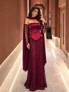 UNITHORSE[Random Cut]Bandeau Waist-Cinched Sequin Patchwork Satin Floating Panel Evening Dress - Burgundy - View 5