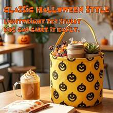 1pc Halloween Trick Or Treat Candy Bucket, Pumpkin Pattern Printed Handheld Basket, Party Candy Storage Bucket, Yellow Pumpkin Smiling Face Halloween Candy Basket, Handheld Trick Or Treat Bucket, Party Prop Gift Storage Handbag - Multicolor - View 3