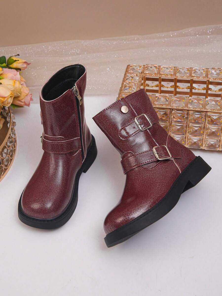 1 Pasang Sepatu Bot Motor Vintage Anak Perempuan dengan Gesper Logam Setinggi Betis - Burgundy - View 1