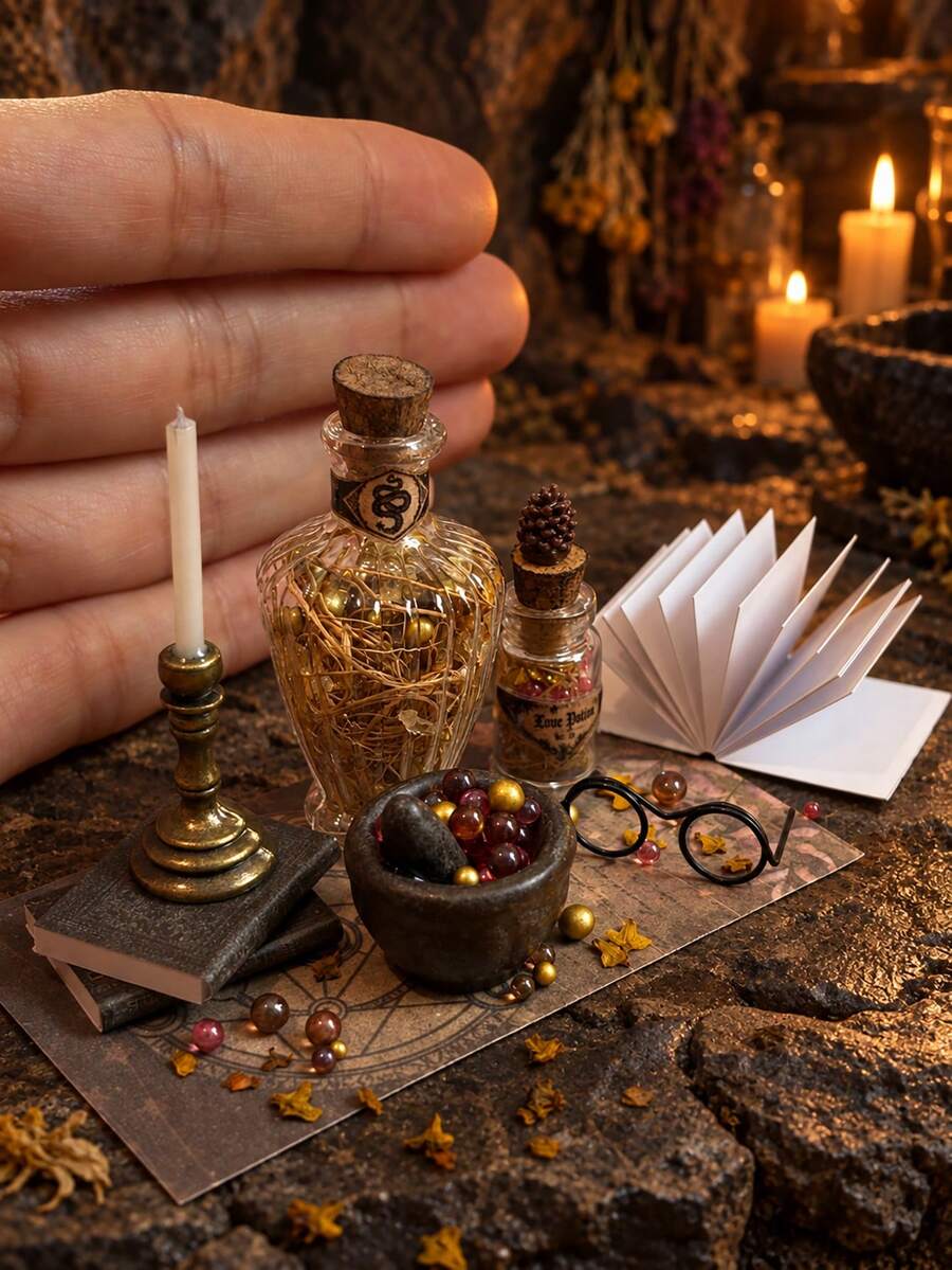 Miniatyrdekorationsset med alkemiscen, magiska flaskor och mortel, böcker, ljusstake och glas, vintage häxtema dockhustillbehör - En-Storlek - Visa 1
