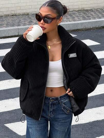 Women's Corduroy Sports Jacket, Ribbed Texture Loose Drop Shoulder Short Style, Streetwear Commute Outing, Stand Collar Zipper Pocket Drawstring Warm Top