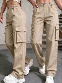 Women's Summer/Autumn Solid Color Multi-Pocket Cargo Pants, Straight Leg, Outdoor Sports Long Pants - Khaki - View 8