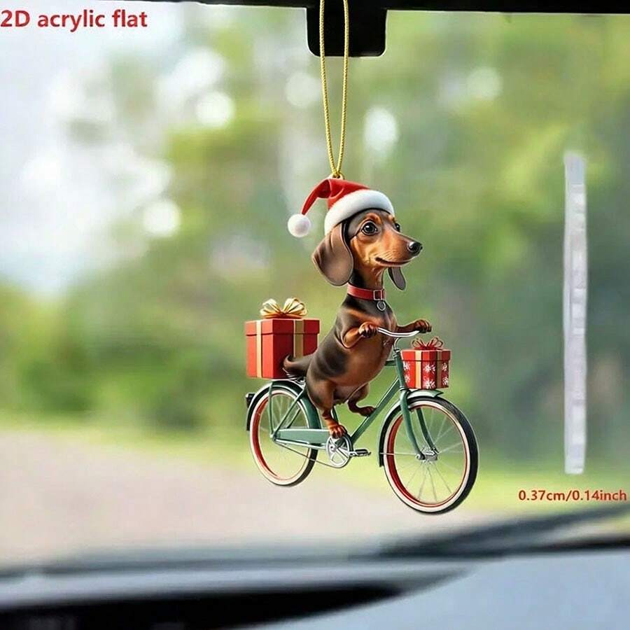 2pcs 2D Acrylic Flat Creative Cute Dachshund Riding Bicycle Delivering Christmas Gift Pattern Car Rearview Mirror Hanging Ornament/Christmas Tree Decoration/Christmas Gift/Couple Keychain Pendant/Backpack Charm - Cycling Puppy Charm - View 1