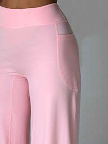 Pink High-Waist Wide-Leg Yoga Pants With Side Phone Pocket, Draped Slimming High-Elastic Commute & Sports Long Pants - Pink - View 7