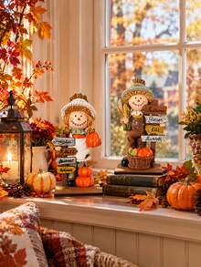 1 buah Dekorasi Orang-orangan Sawah Kayu - Hiasan Meja Thanksgiving Bergaya Pedesaan dengan Slogan "Selamat Musim Gugur", Cocok untuk Dekorasi Dalam/Luar Ruangan Musim Gugur dan Halloween yang Tahan Lama - Beraneka warna - View 1