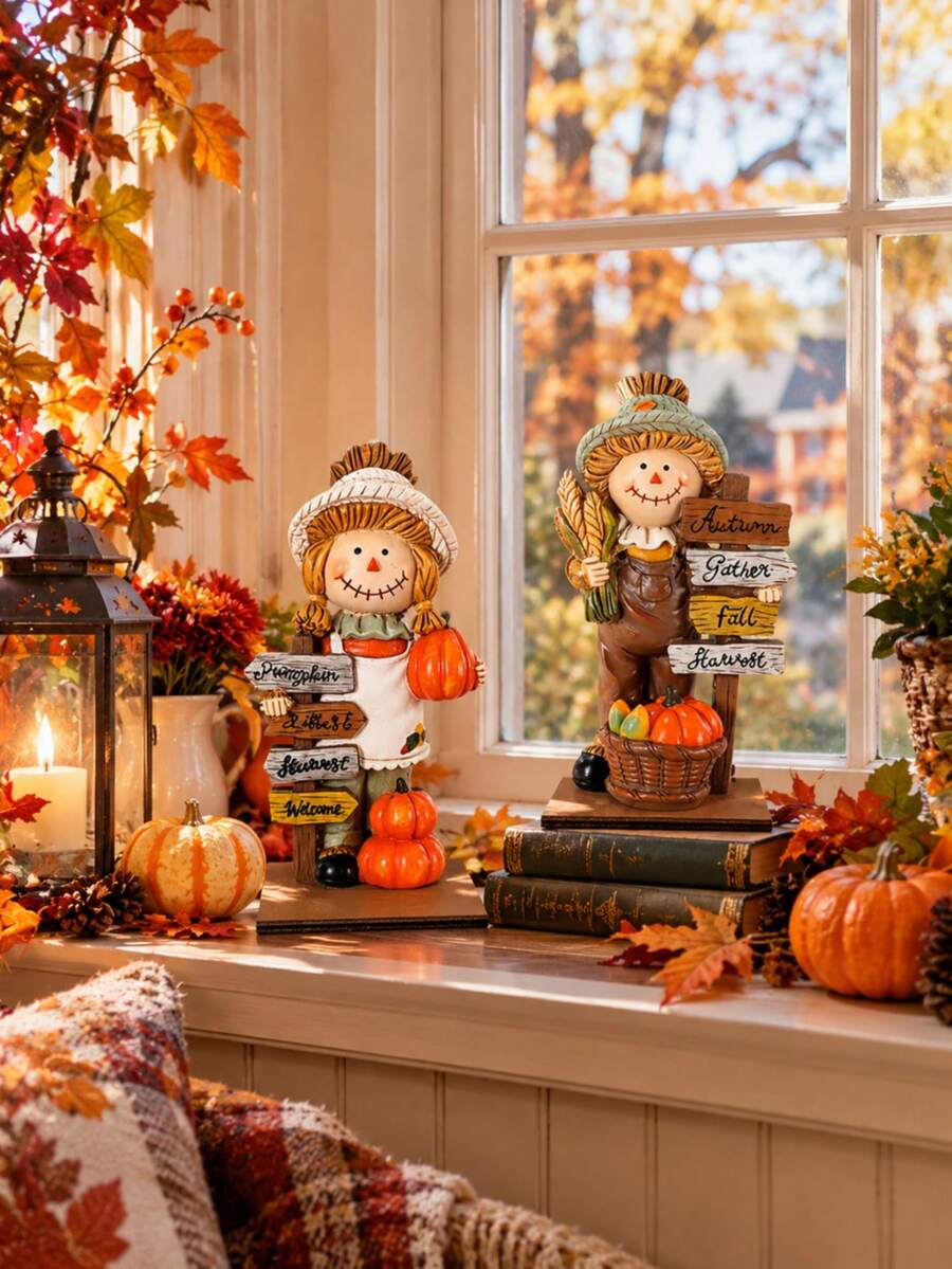 1 buah Dekorasi Orang-orangan Sawah Kayu - Hiasan Meja Thanksgiving Bergaya Pedesaan dengan Slogan "Selamat Musim Gugur", Cocok untuk Dekorasi Dalam/Luar Ruangan Musim Gugur dan Halloween yang Tahan Lama - Beraneka warna - View 1