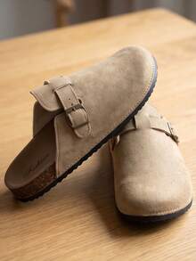 Women's Casual Mule Sandals With Metal Buckle Decor, Adjustable Strap, Comfortable Flat Slip-On Clogs In Camel Suede, Suitable For Various Casual Occasions, Simple Everyday Slouchy Shoes - Camel - View 4