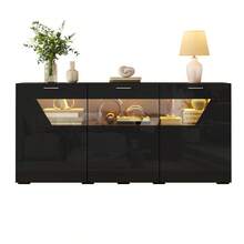 Sideboard With A Unique Design / With 3 Doors Featuring A Special Glass Design / With A Decorative Viewing Window / With Ample Storage Space / High-Gloss Finish / Suitable For Dining Rooms And Living Rooms - Black + Particle Board - View 10