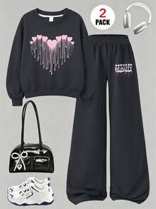 2pcs/Set Girls' Outfit, Round Neck Sweatshirt With Heart Print Paired With Simple Casual Wide Leg Pants, Comfortable Autumn/Winter Girls' Set - Dark Grey - View 2