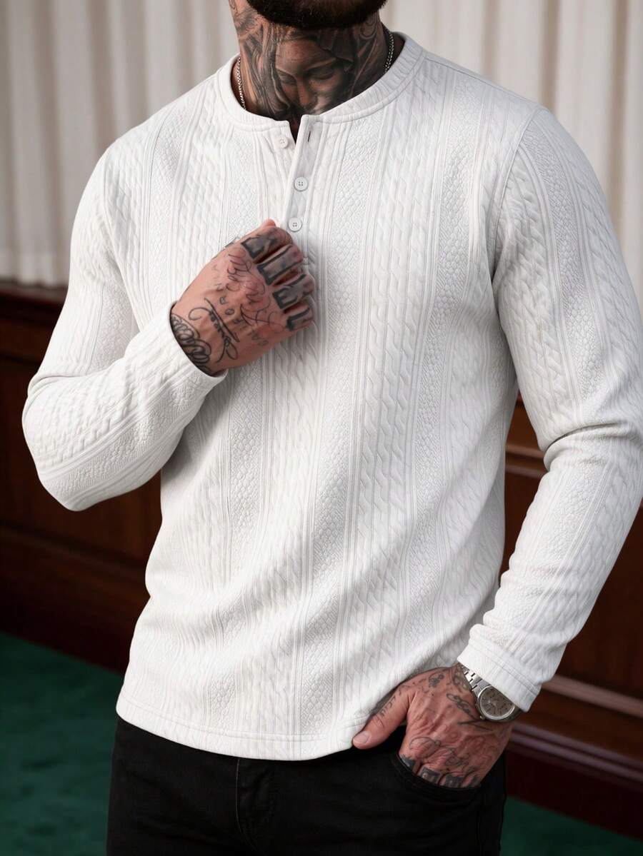 Atasan Pria Kasual Musim Semi/Gugur Warna Polos Bertekstur Jacquard dengan Kancing Setengah Terbuka dan Kerah Henley, Lengan Panjang - Putih - View 1