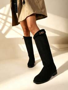 Women's Faux Suede Knee High Riding Boots, Round Toe Low Block Heel Tall Boots With Buckle Strap Detail For Fall & Winter - Black - View 3