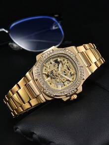 LONGLUX 1pc Men's Rhinestone Waterproof Automatic Skeleton Mechanical Watch Stainless Steel Band - Gold - View 6