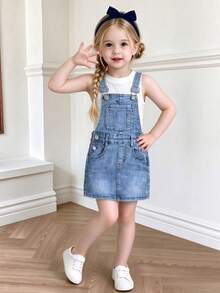 Adjustable Strap Cute Young Girls Fashion Versatile Elastic Denim Suspender Skirt, All Season - Light Wash - View 13