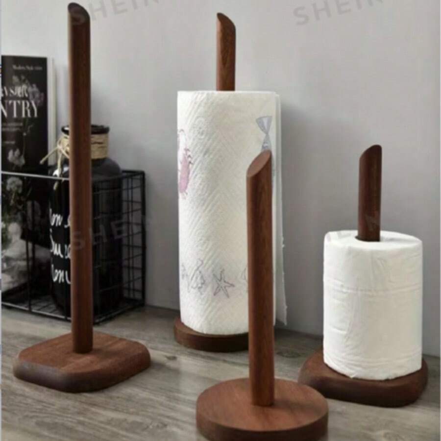 1pc Solid Walnut No-Drill Kitchen Paper Towel Holder, Vertical Design With Non-Slip Base, Countertop Paper Towel Storage Rack For Kitchen - Multicolor - View 1