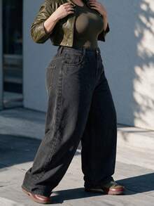 Women's Plus Size High Waist Wide Leg Denim Jeans, Black Casual Jeans - Black - View 3