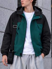 Men's Color-Block Panelled Drop Shoulder Plus Size Jacket, Perfect For Autumn/Winter Casual Wear, Great Gift Choice - Green - View 1
