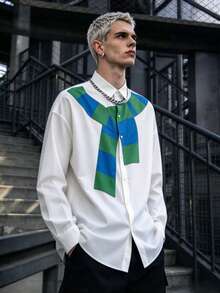 Men's Minimalist White Long Sleeve Shirt, Creative Blue & Green Striped Scarf Print Loose Fit Lapel Top - White - View 3