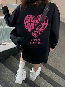 Autumn/Winter New Gen Z Y2K Style Women's Top, Fun Letter & Heart Print Crew Neck Long Sleeve T-Shirt - Black - View 2