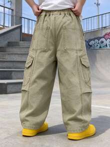 Boys' Young Boy Solid Color Washed Loose Fit Cargo Casual Cotton Long Pants With Large Pockets, Suitable For Autumn, Spring, All Seasons, Back To School, Daily Wear, Outdoor Activities - Khaki - View 2