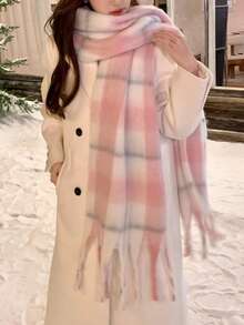 1件女款長圍巾，冬季百搭新款格紋雙面羊絨感披肩，保暖護頸圍巾 - 粉色 - 查看 3