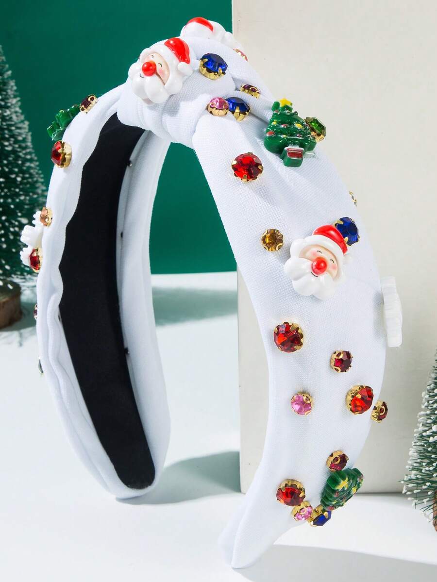 1件裝聖誕髮箍 新時尚紅綠布料聖誕元素髮箍，附珍珠飾釘、聖誕老人、聖誕樹、雪花配件，精緻女孩髮飾，適合聖誕派對與街拍佩戴 - FG810-白色 - 查看 1