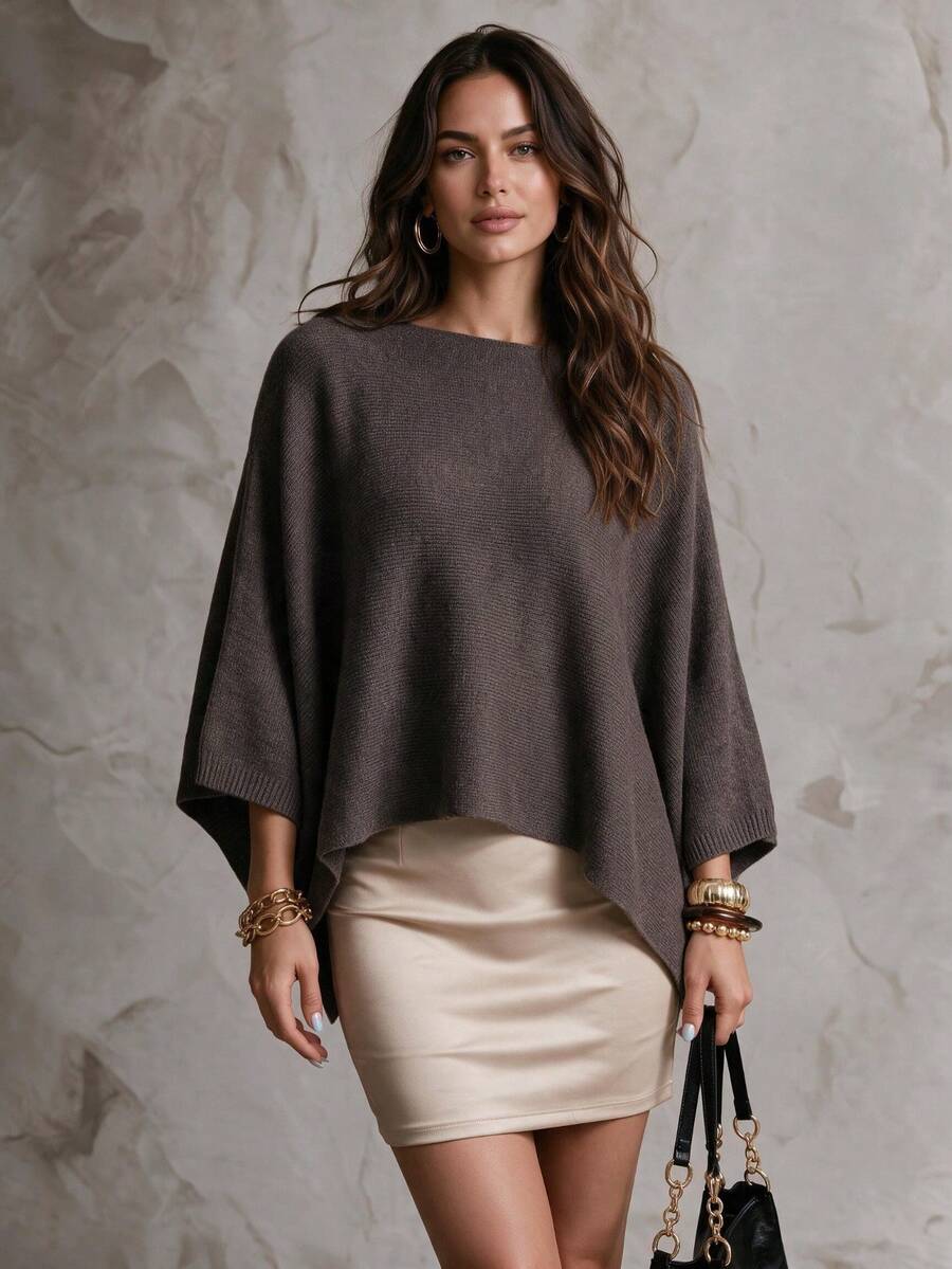 Women's Brown Cape Shawl Sweater, Autumn/Winter - Brown - View 1