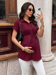 MaterniWear Blusa casual de maternidad de unicolor con mangas de murciélago y cinturón  vestido de trabajo  atuendo de maestra - Burdeos - Ver 1