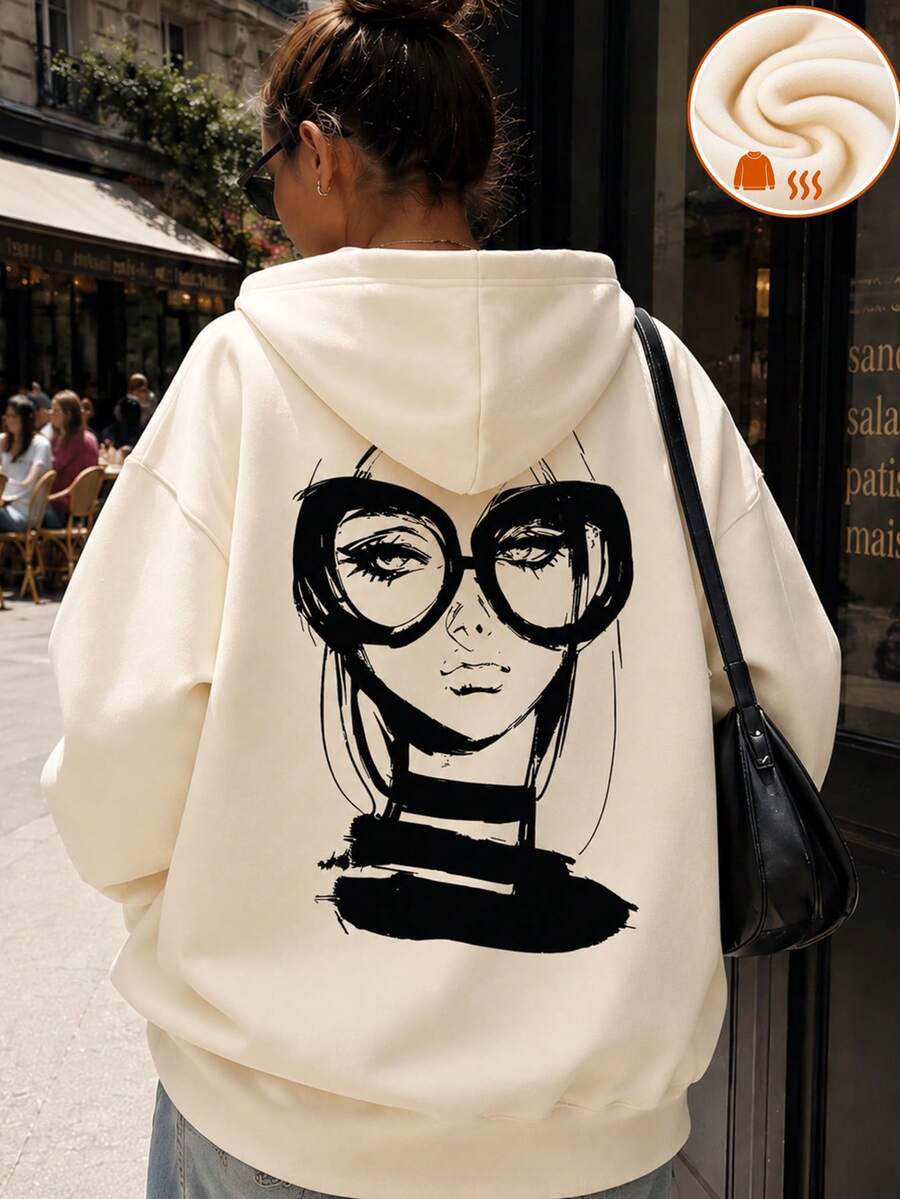 女款刷毛內裡印花衛衣,加厚保暖寬鬆套頭衛衣,休閒長袖秋冬街頭風連帽上衣 - 杏色 - 查看 1