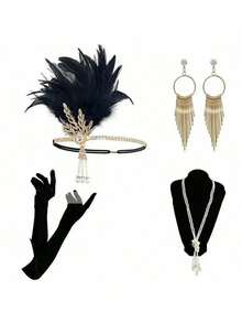 1 Set 4pcs 1920s Rhinestone Leaf Hair Accessories Women's 1920s Flapper Party Girl Outfit Suitable For Vintage Wedding Costume Accessories - Black - View 7