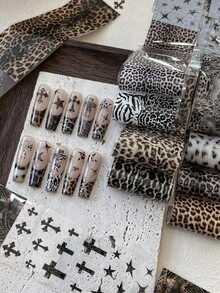 6/3/1pc Random Styles Autumn And Winter Leopard Print Fur Nail Transfer Paper, Multiple Boxed Cross Five-Pointed Star Stickers, Nail Decorations - Multicolor - View 1