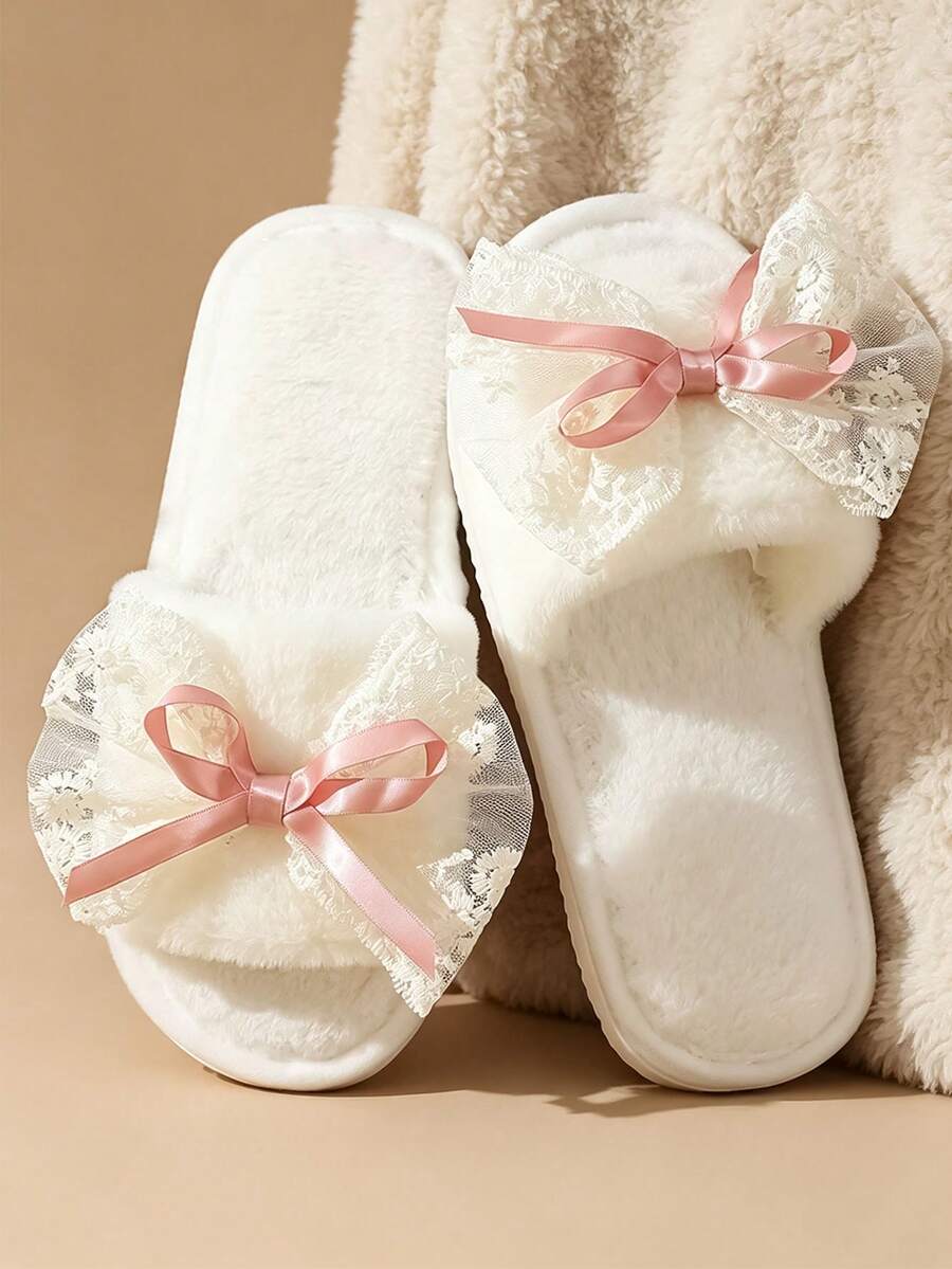 Women's Autumn/Winter Home Slippers, Lace Bow Design, Girly Style, Soft Indoor Lining, Comfortable Warm Anti-Slip, Fashionable And Beautiful, Suitable For Couples - White - View 1
