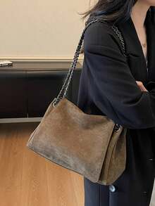 高端復古女款秋冬百搭鏈條單肩包 大容量斜挎托特包 適合上班通勤 - 綠色 - 查看 3