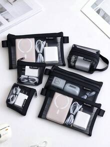 1 Set/6pcs Minimalist Transparent Mesh Storage Bag Set, Mesh Makeup Bag, Portable Coin Purse, Stationery Pencil Case, Zippered Travel Toiletry Bag, Suitable For Home Office Data Cable Storage Accessories, Portable Coin Purse For Outings, Can Store Cards, Keys And More - Multiple Styles - View 1