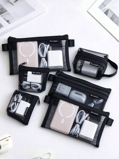 1 Set/6pcs Minimalist Transparent Mesh Storage Bag Set, Mesh Makeup Bag, Portable Coin Purse, Stationery Pencil Case, Zippered Travel Toiletry Bag, Suitable For Home Office Data Cable Storage Accessories, Portable Coin Purse For Outings, Can Store Cards, Keys And More