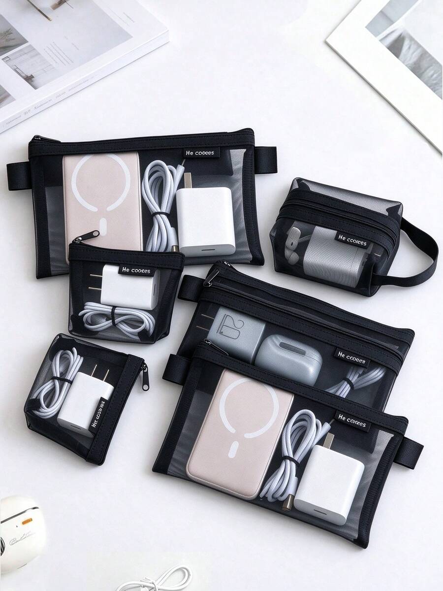 1 Set/6pcs Minimalist Transparent Mesh Storage Bag Set, Mesh Makeup Bag, Portable Coin Purse, Stationery Pencil Case, Zippered Travel Toiletry Bag, Suitable For Home Office Data Cable Storage Accessories, Portable Coin Purse For Outings, Can Store Cards, Keys And More - Multiple Styles - View 1