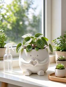 1pc Cute Heart-Shaped Hand Planter, Matte Ceramic Small Plant Pot, Indoor Desktop Succulent Planter, Decorative Home Office Desk Greenery Pot, With Cute Sitting Character Design, Suitable For Daily Room Decor, Mother's Day, Teacher's Day - One Size Fits All - View 8