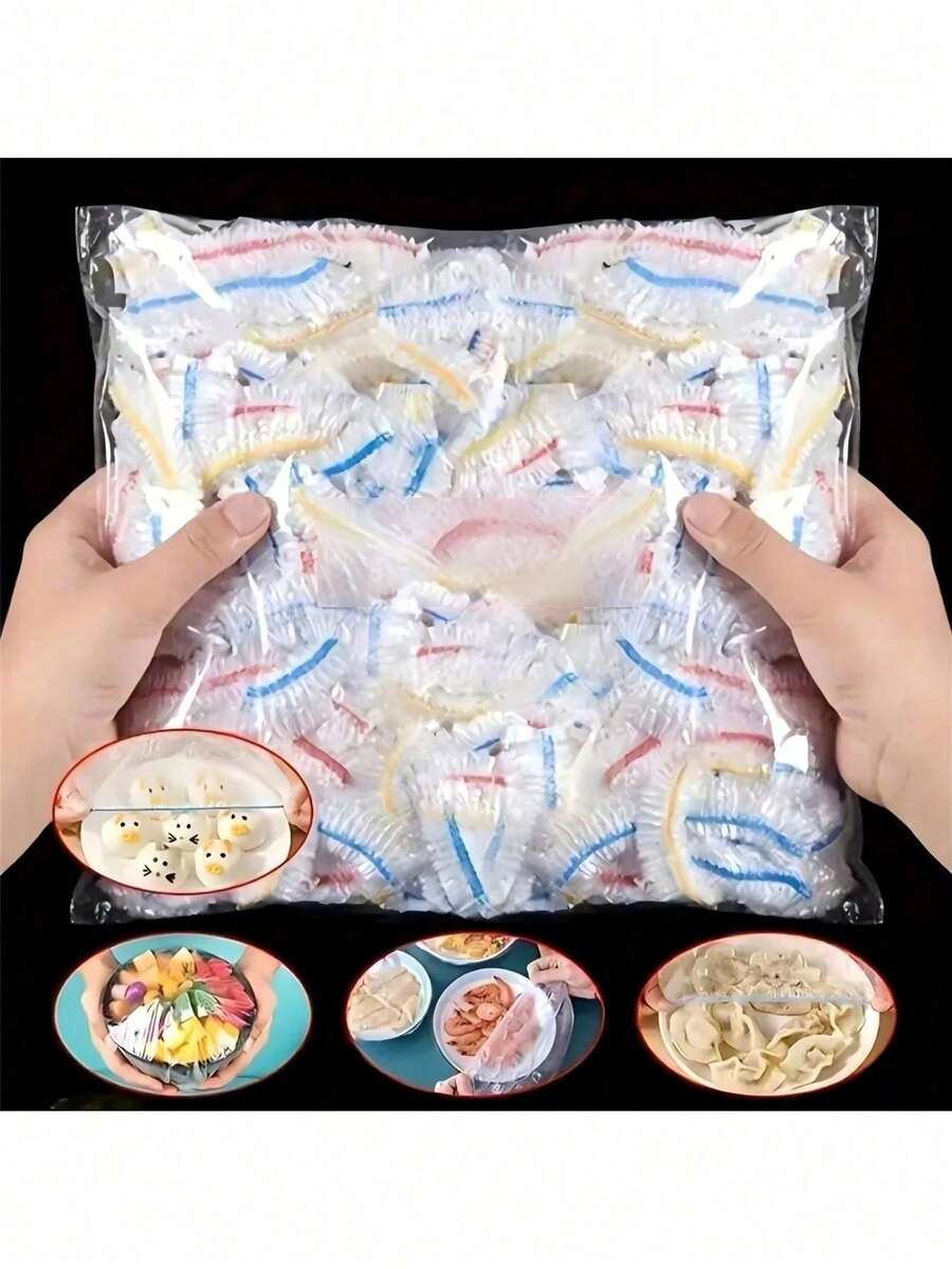 200片一次性塑膠保鮮膜，彈性自封式，適用於食物保鮮，可用於覆蓋碗盤，家用
