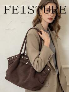 FEISTURE 1pc Rivet Embellished Women's Fan-Shaped Tote Bag, Suede Material Large Capacity Shoulder Bag, Suitable For Girls, Women, College Students, New Professionals And White-Collar Workers, Perfect For Work, Business, Commute, School - Coffee - View 9