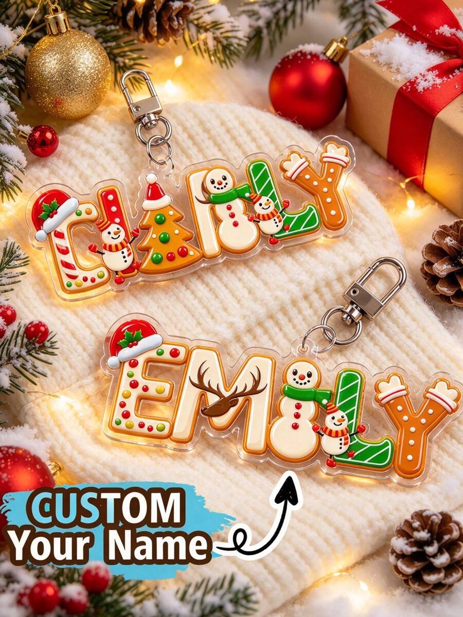 Personalized Christmas Name Keychain, Custom A-Z Acrylic Keyring, Festive Letter Bag Charm, Holiday Gift For Kids - Multicolor - View 1