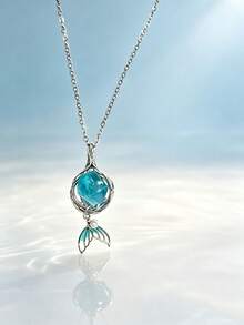 Wrapped Pendant Mermaid Tears Natural Crystal Necklace Gift - Baby Blue - View 2