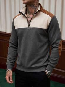 Men's Spring/Autumn Colorblock Half-Zip Stand Collar Sweatshirt, Simple Versatile Long Sleeve Casual Pullover Top - Dark Grey - View 1